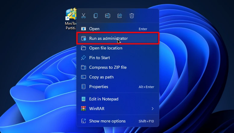 Minitool Partition Wizard run as administrator