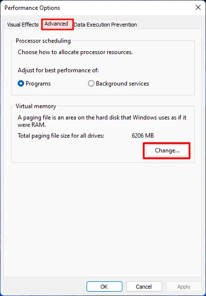 Click on change button in Advanced tab's virtual Memory section