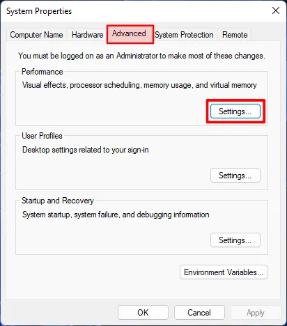 Click on settings button in System Properties