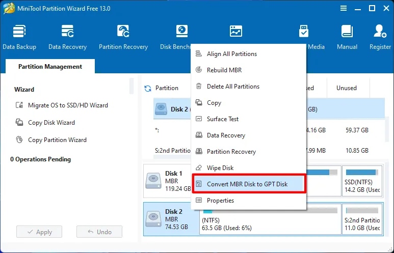 Convert MBR to GPT on Minitool Partition Wizard