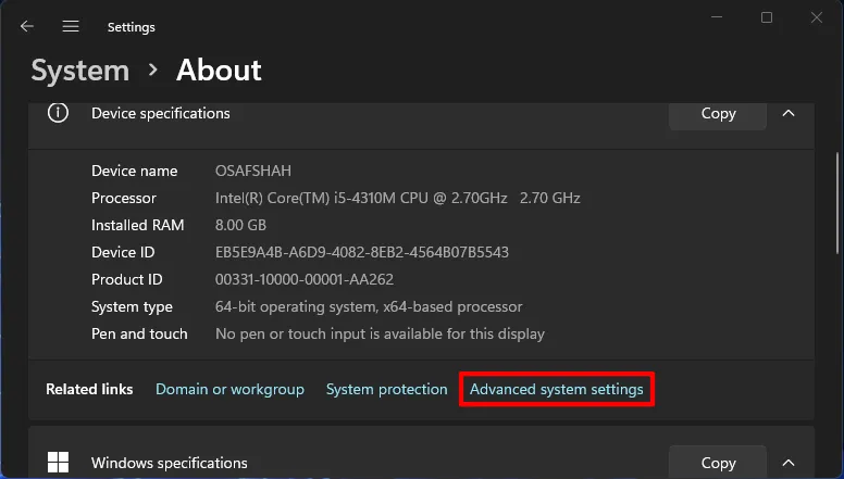 This Pc Properties Advanced system settings