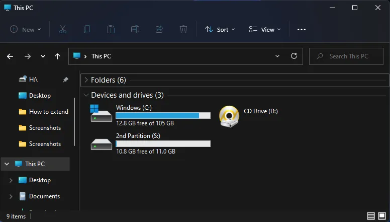 This pc partitions screen